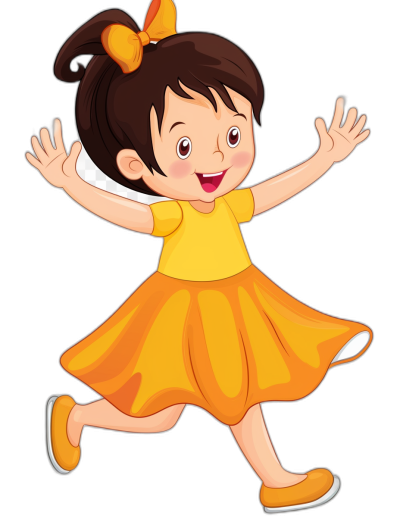 a cute happy cartoon girl wearing yellow dress and orange shoes, vector illustration with black background