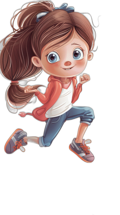 A cute little girl is running in the style of chibi, Disney Pixar cartoon illustration, full body, black background, big eyes, big head, little brown hair in pigtails with bangs and red highlights, wearing white shirt, blue jeans, orange sneakers, pink jacket, smiling, happy face expression, happy mood, fun atmosphere, full color, soft shadows, high resolution, high detail, high quality.