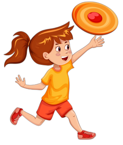 A cute happy girl in a yellow shirt and red shorts playing frisbee in the style of a cartoon vector illustration on a black background.