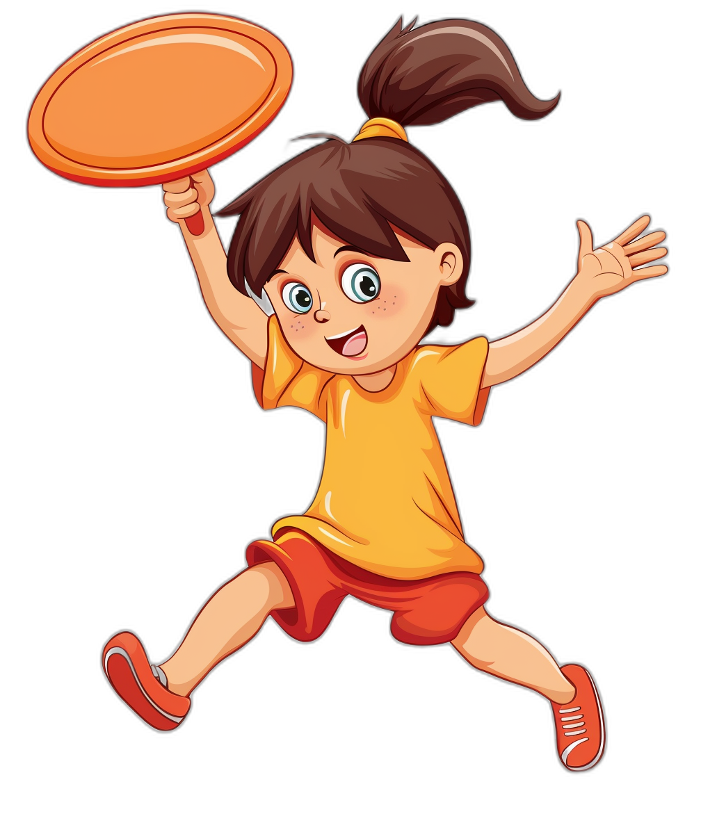 A cute girl playing frisbee cartoon vector illustration in the style of on black background.