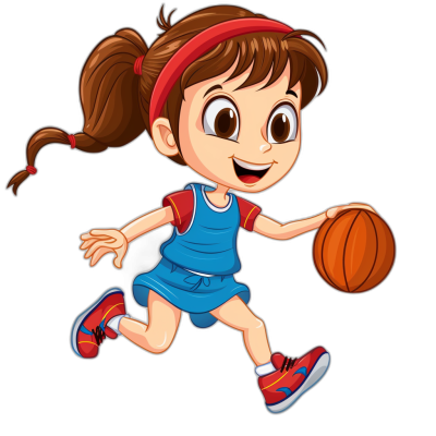 A cute little girl basketball player cartoon vector illustration isolated on a black background, wearing a blue uniform and red headband, dribbling with both hands while running towards the right side. The character has big eyes and is smiling happily. She wears brightly colored sneakers for their details. A brown ponytail hairstyle adds to her youthful energy. This design could be used as an avatar or logo, capturing its cheerful demeanor and sporty look. Isolated on a white background.