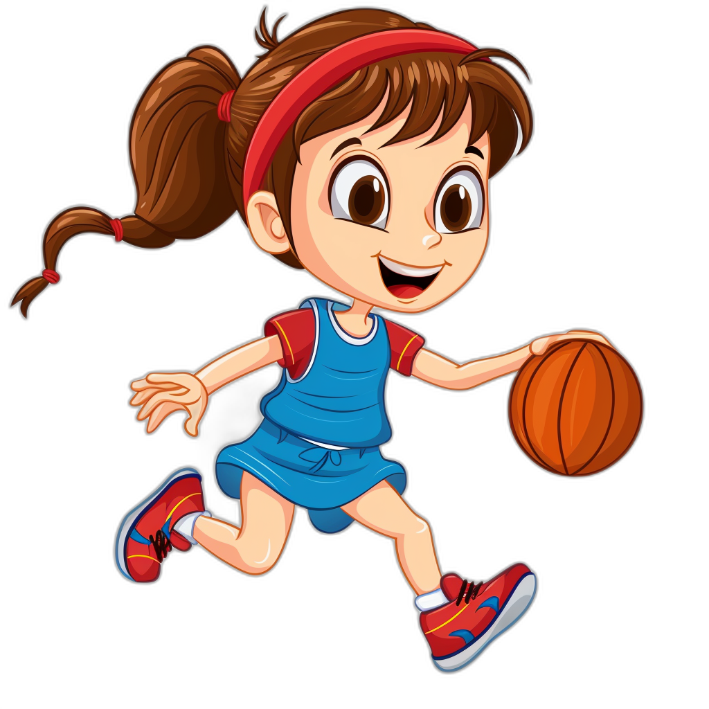 A cute little girl basketball player cartoon vector illustration isolated on a black background, wearing a blue uniform and red headband, dribbling with both hands while running towards the right side. The character has big eyes and is smiling happily. She wears brightly colored sneakers for their details. A brown ponytail hairstyle adds to her youthful energy. This design could be used as an avatar or logo, capturing its cheerful demeanor and sporty look. Isolated on a white background.