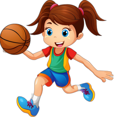 A cute cartoon girl playing basketball in a vector illustration style with a black background and colorful . She is wearing blue shoes, red shorts, a green vest top, a yellow shirt collar and brown hair in pigtails. The ball flies towards her face as she runs fast to shoot the basket, focusing on facial expressions and movements with a cartoon character design, colorful , high quality, and detailed texture.