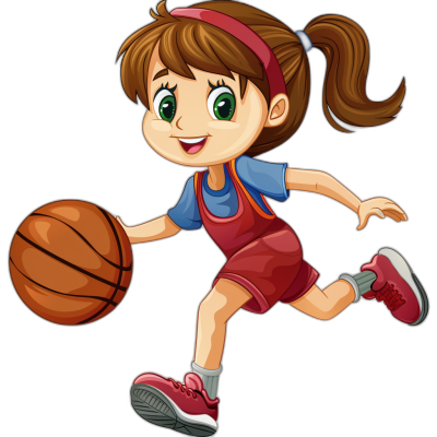 A cute cartoon girl playing basketball in a vector illustration with a flat design style on a black background, wearing red overalls and a pink headband, running while dribbling the ball. Her hair is tied back in pigtails, she has green eyes, and is wearing white sneakers with dark blue laces. This could be a t-shirt design for girls aged 8-20 years old, done in the style of a 3D rendering. It is a cartoon character design using vector graphics with a black isolated background.