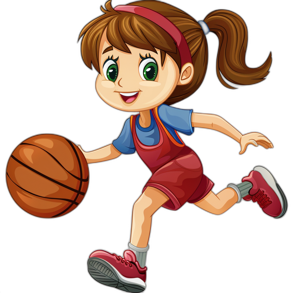 A cute cartoon girl playing basketball in a vector illustration with a flat design style on a black background, wearing red overalls and a pink headband, running while dribbling the ball. Her hair is tied back in pigtails, she has green eyes, and is wearing white sneakers with dark blue laces. This could be a t-shirt design for girls aged 8-20 years old, done in the style of a 3D rendering. It is a cartoon character design using vector graphics with a black isolated background.