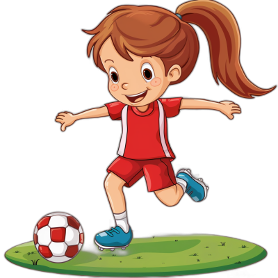 Cartoon girl playing football, wearing red short-sleeved sportswear with blue shoes on her feet and a smiling expression. The illustration is in the style of a cartoon vector with a black background. The little brunette has long brown hair tied into two ponytails. She is kicking the ball while running across a grass field. Vector Illustration isolated on a white background.