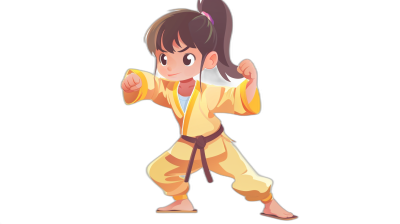 A cute little girl wearing a yellow karate outfit is practicing fighting moves in a full body portrait vector illustration style with simple lines on a black background. She has long hair tied in one ponytail and wears a white headband on her forehead. Her eyes have big eyelashes and she looks very happy, in the style of Pixar Animation.