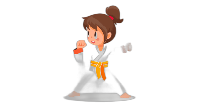 A cute girl doing karate with simple facial expressions and movements in the style of a cartoon, 2D game art style on a solid black background, simple graphic design of a cute cartoon character with a white border around the body and in a 3/4 view with front lighting and rim light, and a bright color scheme showing the character in a black outfit with a yellow belt around the waist.