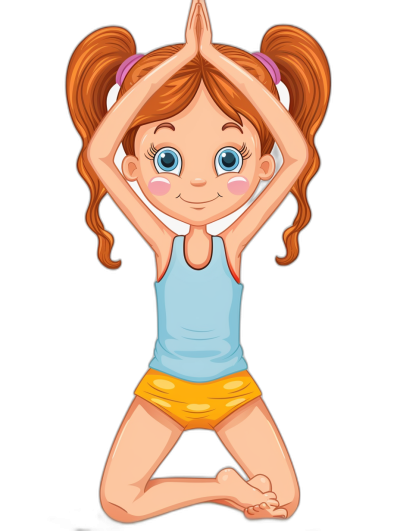 cartoon of little girl doing yoga, in a clip art style, on a black background