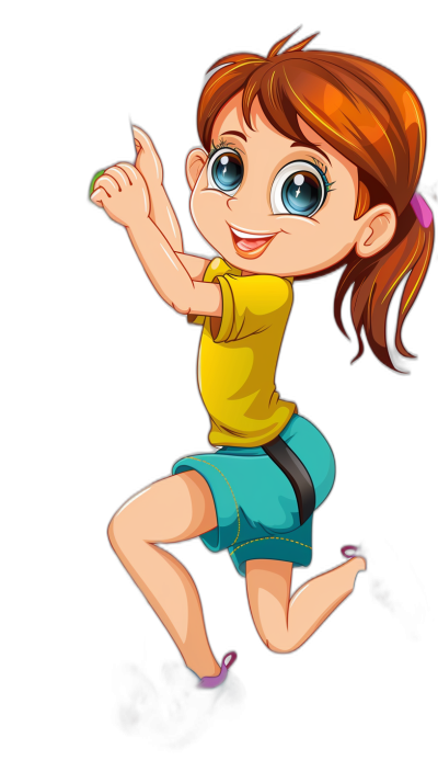 A cartoon girl is jumping with a full body portrait against a solid black background in the style of Disney. She has big eyes, bright colors, and a cute expression with simple lines and shapes drawn in high definition and high resolution. Her facial features, hands, and feet are detailed while her hair and  design are kept simple. The jumping pose is full of vitality.