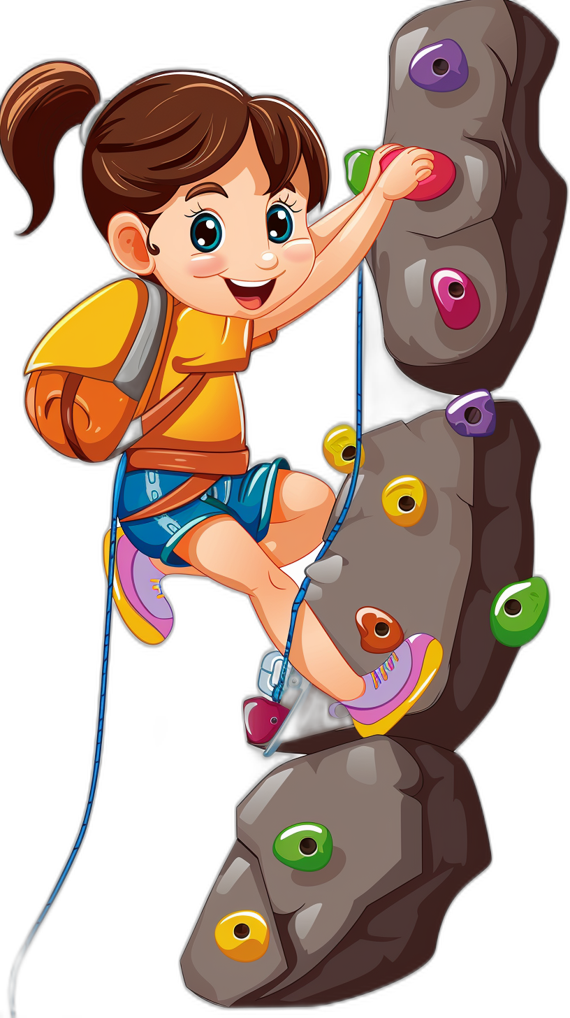 A cartoon girl climbing a rock wall in the style of colorful clip art for stickers against a black background.