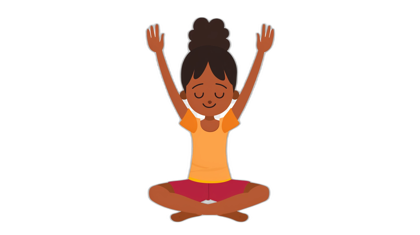 a simple flat vector illustration of an african american woman doing yoga, smiling with her eyes closed and hands in the air above head while sitting on knees , black background, flat design,