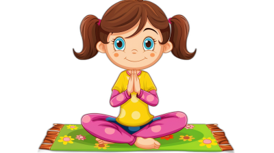 cartoon girl doing yoga, on a green mat with flowers in yellow and pink pajamas, simple black background, in the style of vector illustration, flat design, simple lines, no shadows, no gradients, 2D, simple cartoon character design of a little cute brown haired blue eyed girl sitting cross-legged doing a praying pose on the floor on a dark green prayer rug with a colorful flower pattern, simple line art