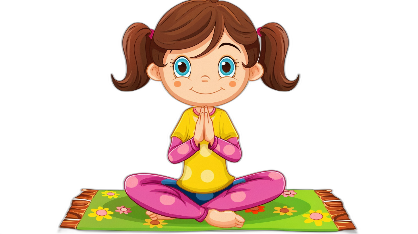 cartoon girl doing yoga, on a green mat with flowers in yellow and pink pajamas, simple black background, in the style of vector illustration, flat design, simple lines, no shadows, no gradients, 2D, simple cartoon character design of a little cute brown haired blue eyed girl sitting cross-legged doing a praying pose on the floor on a dark green prayer rug with a colorful flower pattern, simple line art