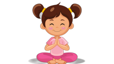 Cute cartoon girl doing yoga, simple flat illustration style with a black background and pink , cute face expression, hands clasped together in a prayer pose. The little girl has a two buns hairstyle on her head. She is smiling while sitting cross-legged, eyes closed and meditating, focused on the character's body posture, in the style of a cartoon, high resolution, 2D design, simple details, black background.