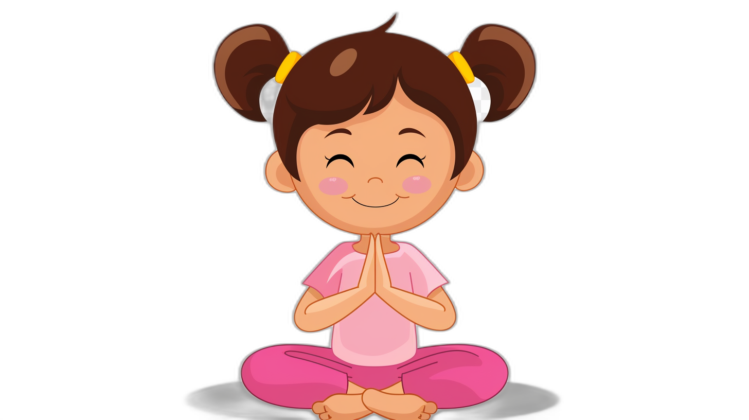 Cute cartoon girl doing yoga, simple flat illustration style with a black background and pink , cute face expression, hands clasped together in a prayer pose. The little girl has a two buns hairstyle on her head. She is smiling while sitting cross-legged, eyes closed and meditating, focused on the character’s body posture, in the style of a cartoon, high resolution, 2D design, simple details, black background.