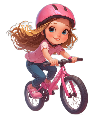 Cute girl riding a pink bike in a cartoon style, vector illustration depicting a full body portrait against a black background, character design suitable for children's book illustrations with big eyes, long hair and wearing a helmet on her head along with a T-shirt, jeans and sport shoes. The illustration is in the style of [Artgerm](https://goo.gl/search?artist%20Artgerm), [Loish](https://goo.gl/search?artist%20Loish) and Disney Pixar.