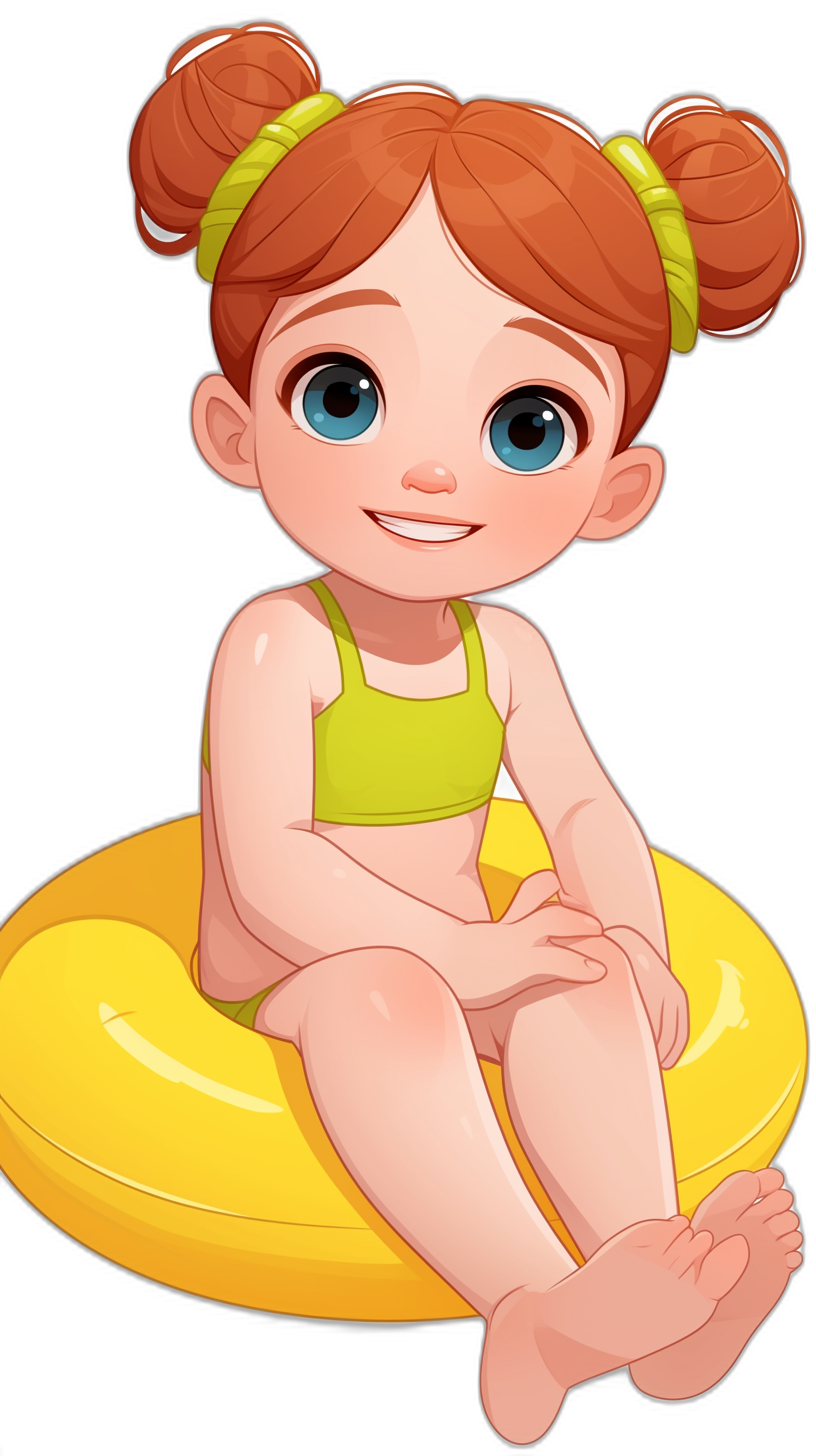 A cute little girl with red hair in pigtails sits on an inflatable yellow ring, wearing green shorts and black slippers. She has blue eyes and is smiling. Cartoon style, Disney Pixar, full body portrait, simple lines, vector illustration, black background. In the style of [Atey Ghailan](https://goo.gl/search?artist%20Atey%20Ghailan), 2D game art.