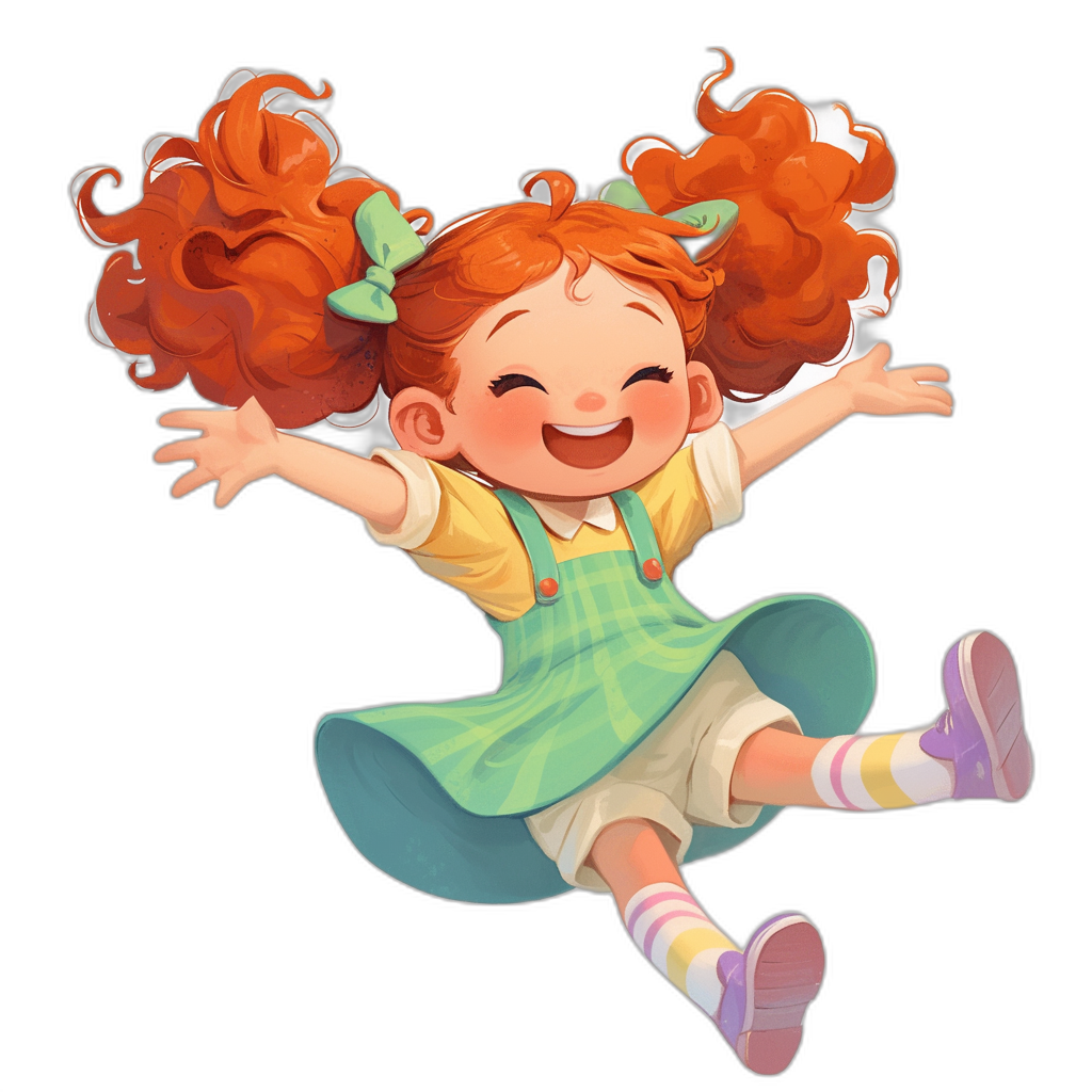 A cute red-haired girl with pigtails, dressed in green overalls and colorful socks is flying on her back legs like a little bird or butterfly, smiling happily. She has curly hair that shines brightly against the black background. Cartoon style, in the style of Disney Pixar.