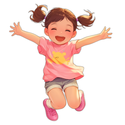 A cute little girl, wearing pink short sleeves and shorts with brown hair in pigtails, is jumping up happily against the black background. She wears sneakers on her feet and smiles happily. The illustration style should be in the style of flat anime or cartoon style. Full body portrait.