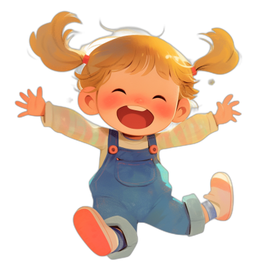 Cute little girl with blonde pigtails, laughing and jumping in overalls on a black background. The illustration is in a flat design, vector style using simple shapes. It depicts a cute cartoon character suitable for 2d game art. The character wears colorful, pastel colored  in a digital painting style. The image is high resolution, high detail and high quality with sharp focus. The style is similar to octane render but in a hyperrealistic and hyper detailed style.