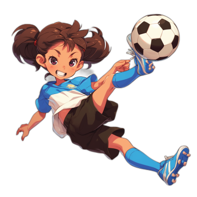 An illustration of an Inazuma Eleven character, a girl with brown hair in pigtails wearing a blue and white uniform, kicking a soccer ball on a black background in the style of anime.