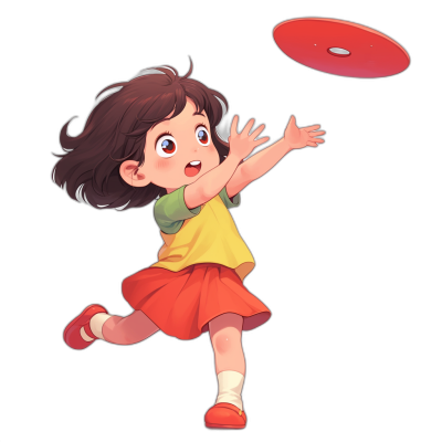 A little girl is playing frisbee in a simple, flat style illustration in the style of a cartoon character design against a black background with simple lines and a red color palette. The 2D, vector graphic style uses flat colors that are bright and cheerful with a simple design at a high resolution and high quality with high detail for the best resolution and high definition with a sharp focus like professional photography that is super detailed and super realistic.