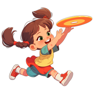 A little girl is playing frisbee in the style of a cartoon, with simple lines and a flat illustration against a black background. She has a cute expression and is wearing colorful . She is holding the frisbee in her hand and throwing it forward to throw an orange plate. The girl has brown hair with two pigtails tied into one ponytail. The bottom of her red shoes is visible on both feet.