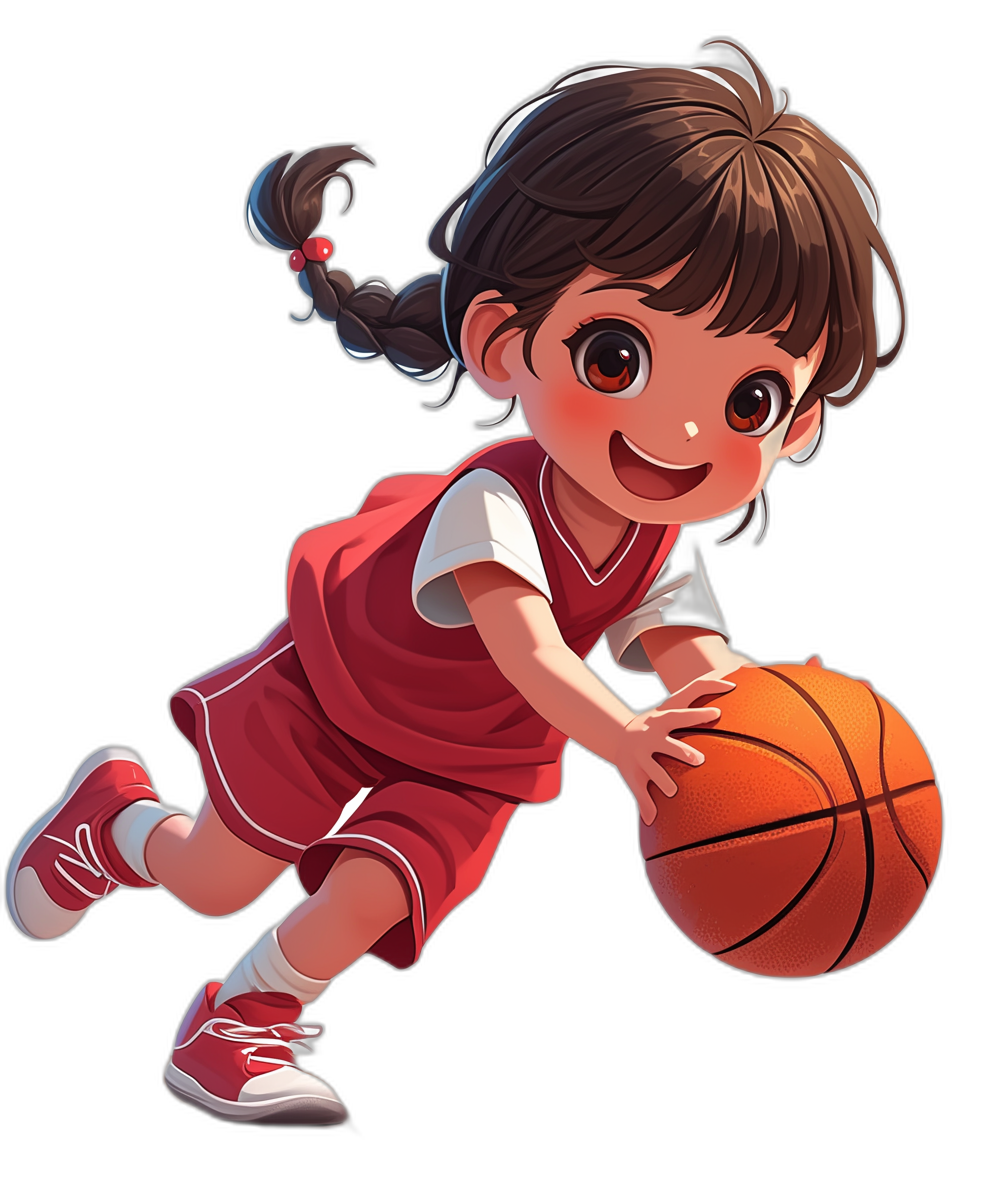 chibi style, chibi asian girl playing basketball, red uniform dress and shoes, smiling face with brown hair ponytail on black background. The artwork is in the style of an unnamed artist.