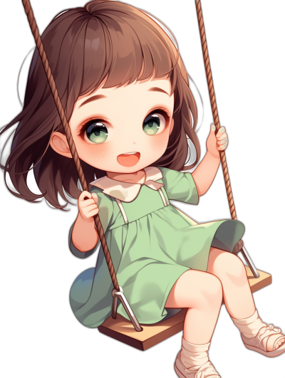 A cute little girl with big eyes, wearing a green dress and white shoes is sitting on the swing happily smiling. Her hair was short and brown, her face is clean with a black background. The character design has a simple style in the style of chibi anime and Q-version manga art. The picture has high definition resolution with high details and high quality. The overall color tone of the picture should be bright and warm with soft lighting to highlight the girl's features.