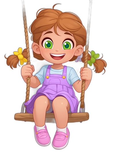 A cute little girl with green eyes, wearing purple overalls and pink shoes is sitting on the swing smiling happily. She has long brown hair tied in two pigtails, with one holding a yellow flower behind her ear. The background color should be black to highlight her character. Cartoon style. Vector graphics. In the style of Pixar. Black Background. No shadows.