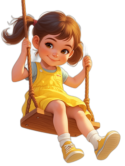 A cute little girl sitting on the swing, a yellow dress and white shoes, brown hair in pigtails, a smiling face, 3D disney animation style character design, in the style of black background.