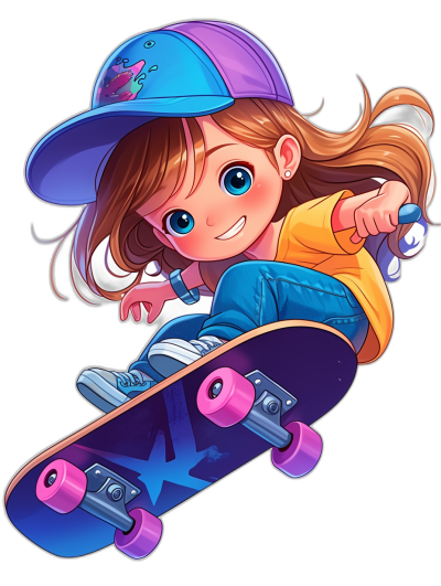 A cute girl with big eyes is skateboarding, wearing blue jeans and a purple baseball cap, pink skateboard shoes. The illustration is in a cartoon style with colorful, bright colors, high detail, high quality, and high definition. The cartoon style features the best resolution, detail, and quality. She is skated against a black background.