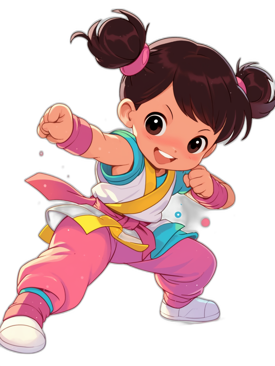 A cute little girl is posed in a fighting stance, wearing a pink and white kung fu outfit with blue sleeves and a yellow collar against a black background. The artwork is in the colorful cartoon style with a full body portrait of the chibi character. The design has detailed facial features and cartoon action lines with bright colors and simple details. It is a high resolution image with no text or logos.