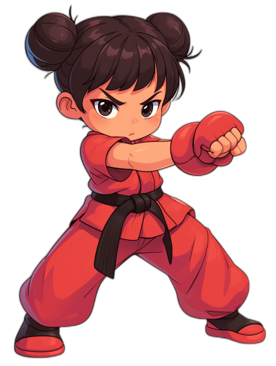 chibi, Street Fighter V female character wearing a red karate outfit with a black belt, full body, flat color illustration in the style of anime and visual novel art styles, solid dark background, bold lines, simple colors, strong use of lighting contrasts, strong facial expression, high contrast between subject elements, black hair in two buns, simple  design, high resolution