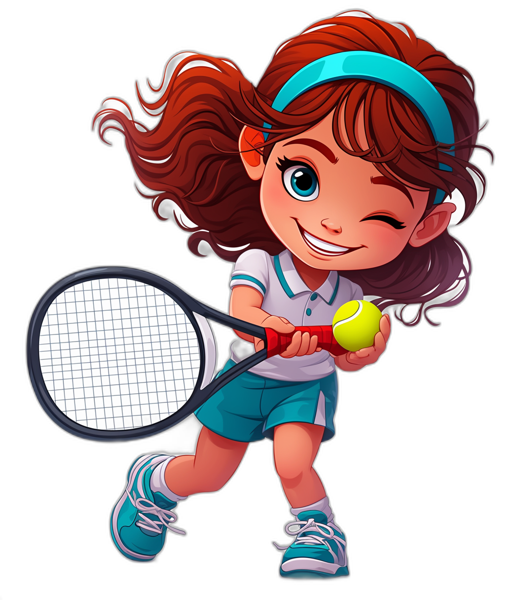 cartoon girl playing tennis in the style of clip art, in the style of isolated on black background