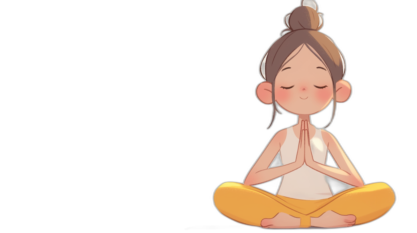 A cute girl is doing yoga, with her hands clasped together and eyes closed in meditation, simple cartoon style, solid black background, full body shot, front view, high definition