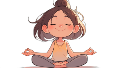 A cute cartoon girl meditating in a simple drawing style against a black background. This vector illustration features a flat design digital art style with a cute character design reminiscent of Disney. The cute cartoon character has a cute face with closed eyes and a smiling mouth, sitting in a yoga pose cross-legged in the lotus position on her knees. This full body portrait shows her hair tied back into a single bun hairstyle, wearing casual  in the style of Disney.