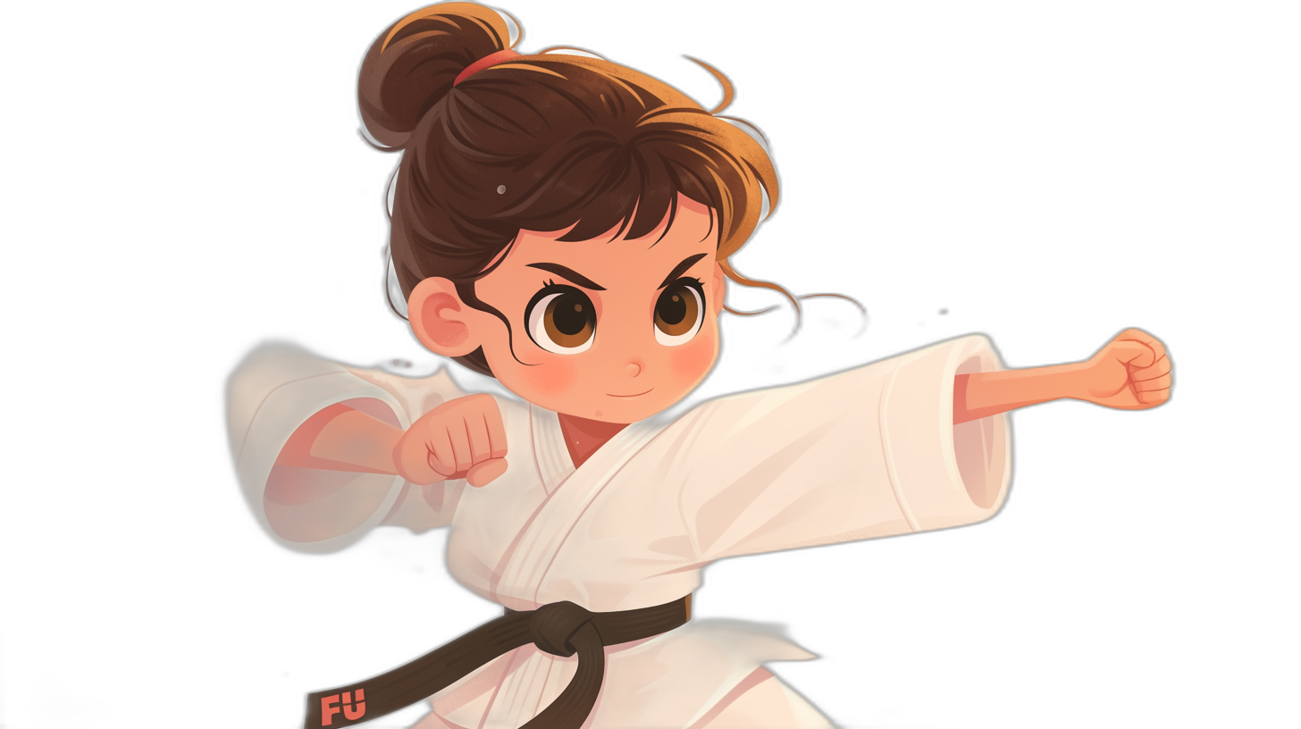 A cute little girl in a white karate uniform with brown hair and big eyes is practicing martial arts in the style of a vector illustration on a black background with a cartoon character design. The digital art is high resolution, 2D flat design with high detail and high quality in high definition with high resolution and high details at 30k.