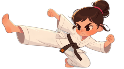 chibi style, chibiantip, cartoon character of an Asian girl with dark brown hair in pigtails doing karate kick wearing white jiu-jitsu gi and black belt, black background, simple design, cute colors, low details, low detail