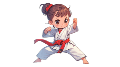 A cute little girl is practicing karate. She has short hair and wears white  with a red belt around her waist. The style is simple chibi anime with a black background. It is a full body shot from the front with a simple design. The flat color illustration uses simple line art with strong contrast between light and dark. It is a high resolution 2D graphic with super detailed, high quality details in the style of a simple anime design.