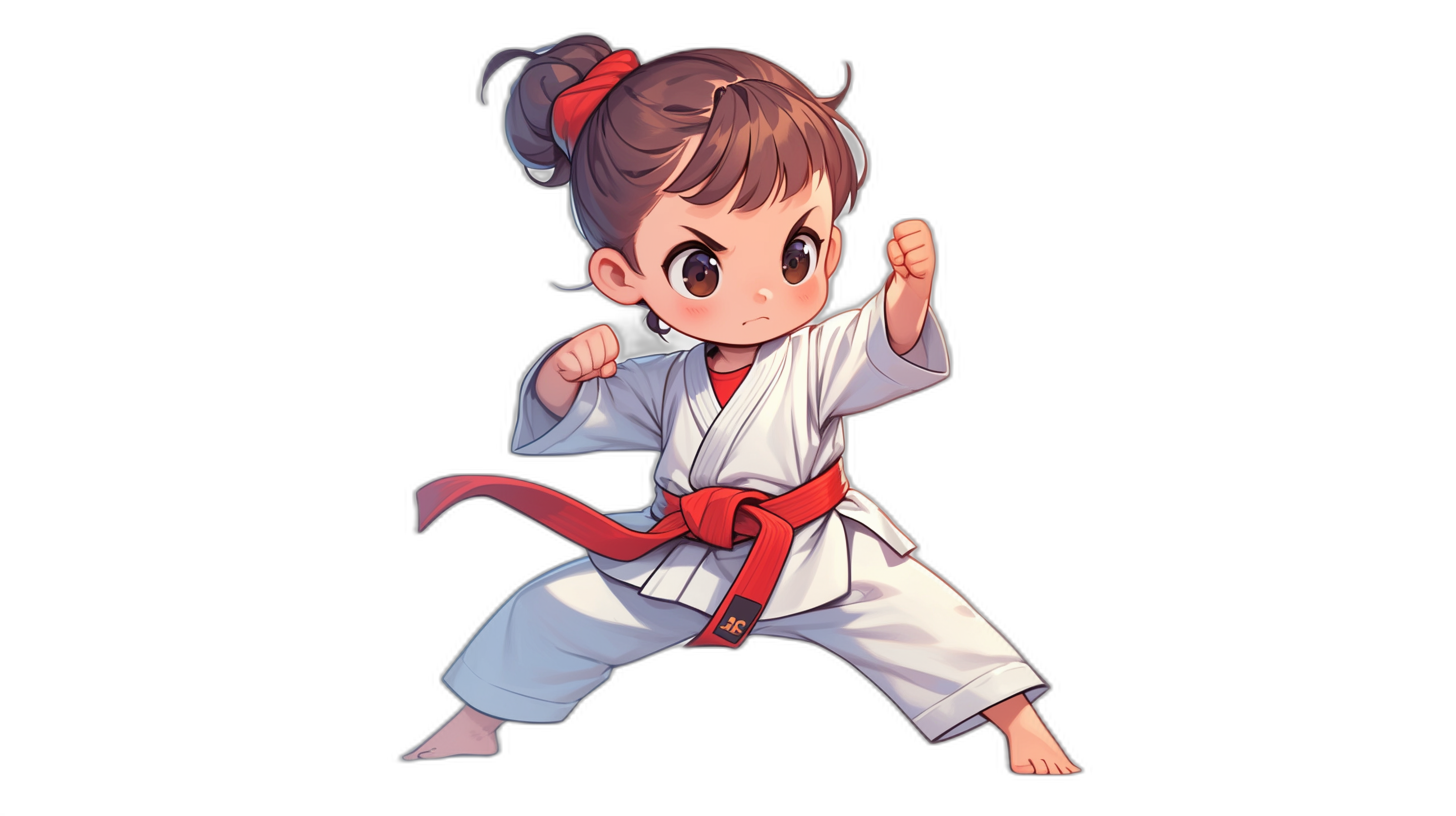 A cute little girl is practicing karate. She has short hair and wears white  with a red belt around her waist. The style is simple chibi anime with a black background. It is a full body shot from the front with a simple design. The flat color illustration uses simple line art with strong contrast between light and dark. It is a high resolution 2D graphic with super detailed, high quality details in the style of a simple anime design.