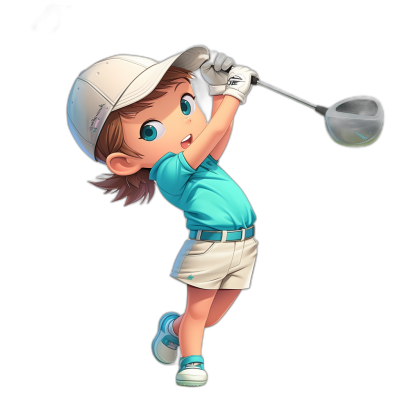 A cute little girl playing golf, wearing a blue shirt and white cap, black background, in a 2D cartoon game style, in the style of Pixar art.