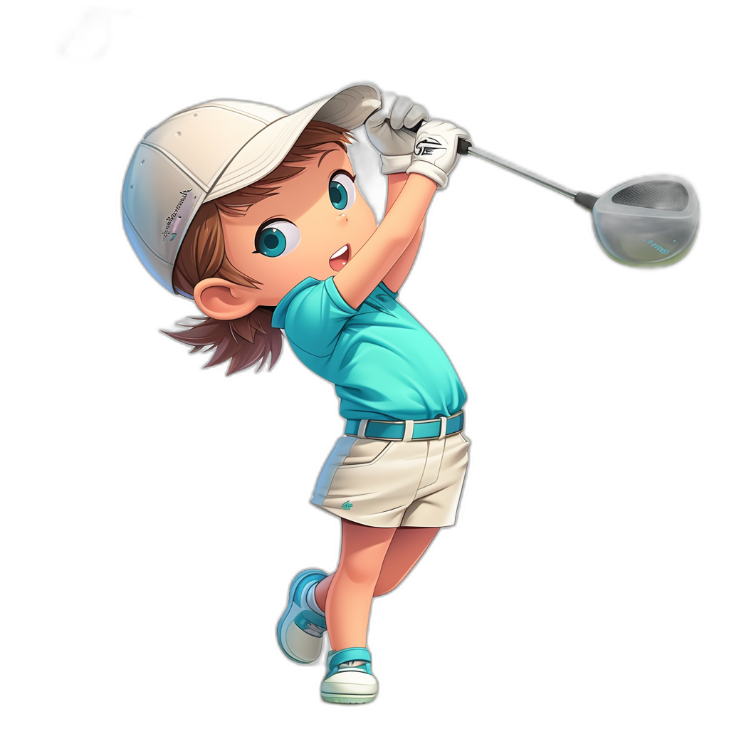 A cute little girl playing golf, wearing a blue shirt and white cap, black background, in a 2D cartoon game style, in the style of Pixar art.