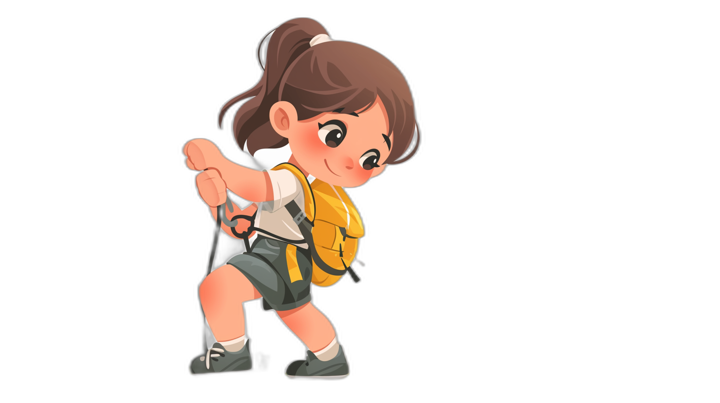 A cute little girl is climbing the mountain, holding her yellow backpack on one shoulder and smiling at me with both hands raised high. She has short brown hair tied in two ponytails, dressed in school uniform shorts and shoes, with a simple black background in the style of animation. The entire body of the character can be seen from head to toe. A flat cartoon vector illustration on a black background.