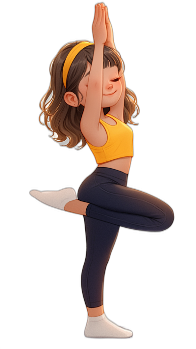 cartoon girl doing yoga, full body shot, yellow headband in her hair and black leggings with white shoes, black background, chibi style, digital art in the style of [Artgerm](https://goo.gl/search?artist%20Artgerm), Disney Pixar, [Loish](https://goo.gl/search?artist%20Loish), anime inspired