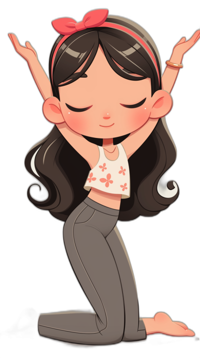 chibi style girl doing yoga, wearing white and pink top with gray pants, long black hair in ponytail, hands up on head, full body shot, black background, digital art