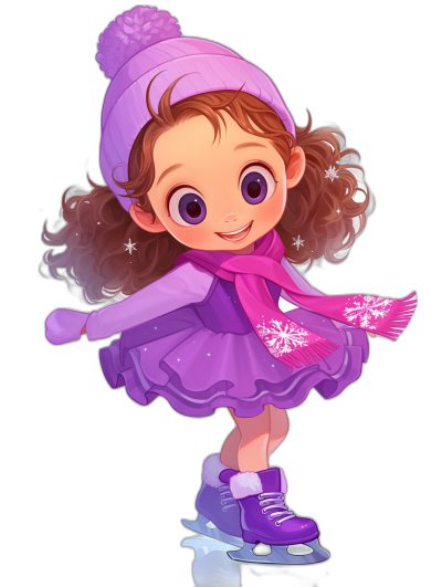 A cute little girl ice skating, wearing a purple dress and hat with a snowflake pattern on her shoes, in the cartoon style, on a black background, with colorful , cute eyes, a pink scarf, and a happy expression, in the style of Disney Pixar animation, as a full body portrait, with high definition details.