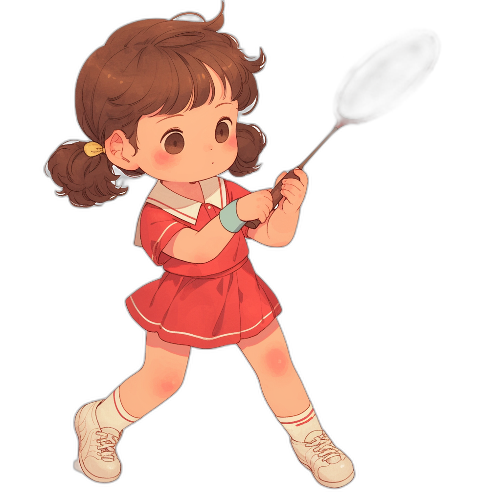 A cute little girl playing badminton, wearing red short-sleeved dress with white collar and sneakers on black background, sticker style. The character has brown hair in pigtails and is holding the racket with both hands. Her eyes have big round-shaped pupils that give her an adorable appearance. She appears to be smiling as she plays bad mirts. The illustration includes detailed attention to textures of skin, , sports equipment, facial features, shadows, highlights, and colors.