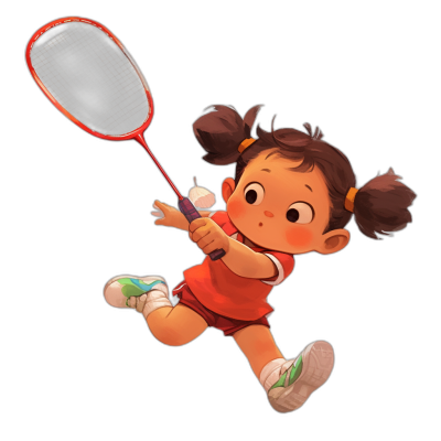 Cute little girl playing badminton, in a red short-sleeved dress and white shoes on a black background, in the style of cartoon, high quality, high resolution, in the style of Disney Pixar, simple design, bright colors, high detail, high contrast, cute character illustration, high definition